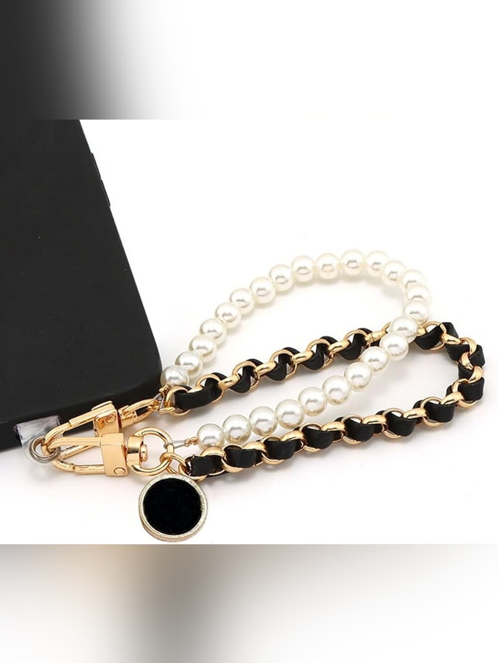 Black & Gold Leather Chain With Pearls Phone Clip